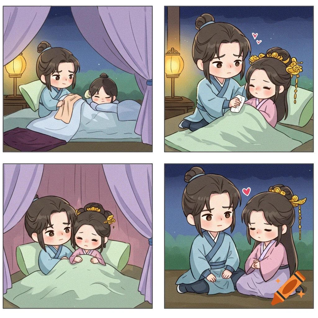 A four-panel Q-version comic showing a male character in ancient Chinese clothes caring for a sick female character in a bed.