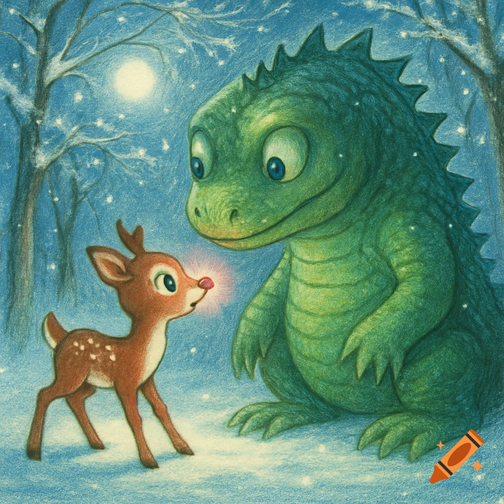 A colored pencil illustration of a small brown deer with a red nose looking up at a large green dragon in a snowy forest at night.