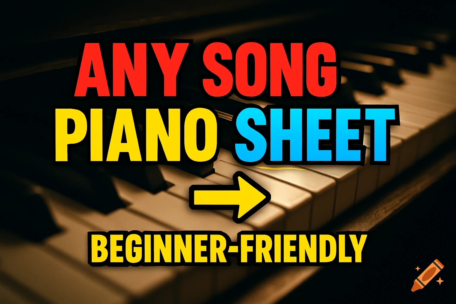Close-up of a piano keyboard with prominent text: 'ANY SONG PIANO SHEET' and 'BEGINNER-FRIENDLY', with a yellow arrow pointing right.