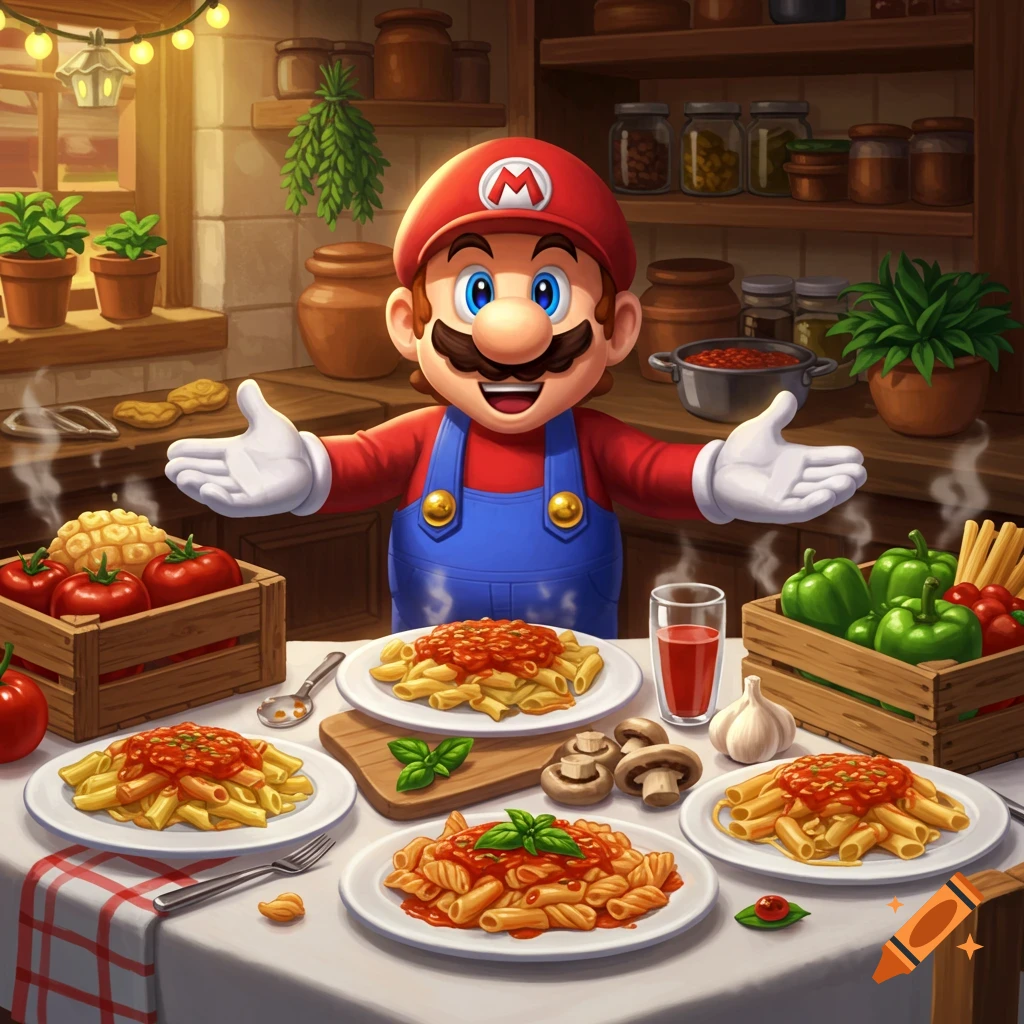 Cartoon Mario in a cozy kitchen, happily presenting multiple plates of pasta with red sauce.