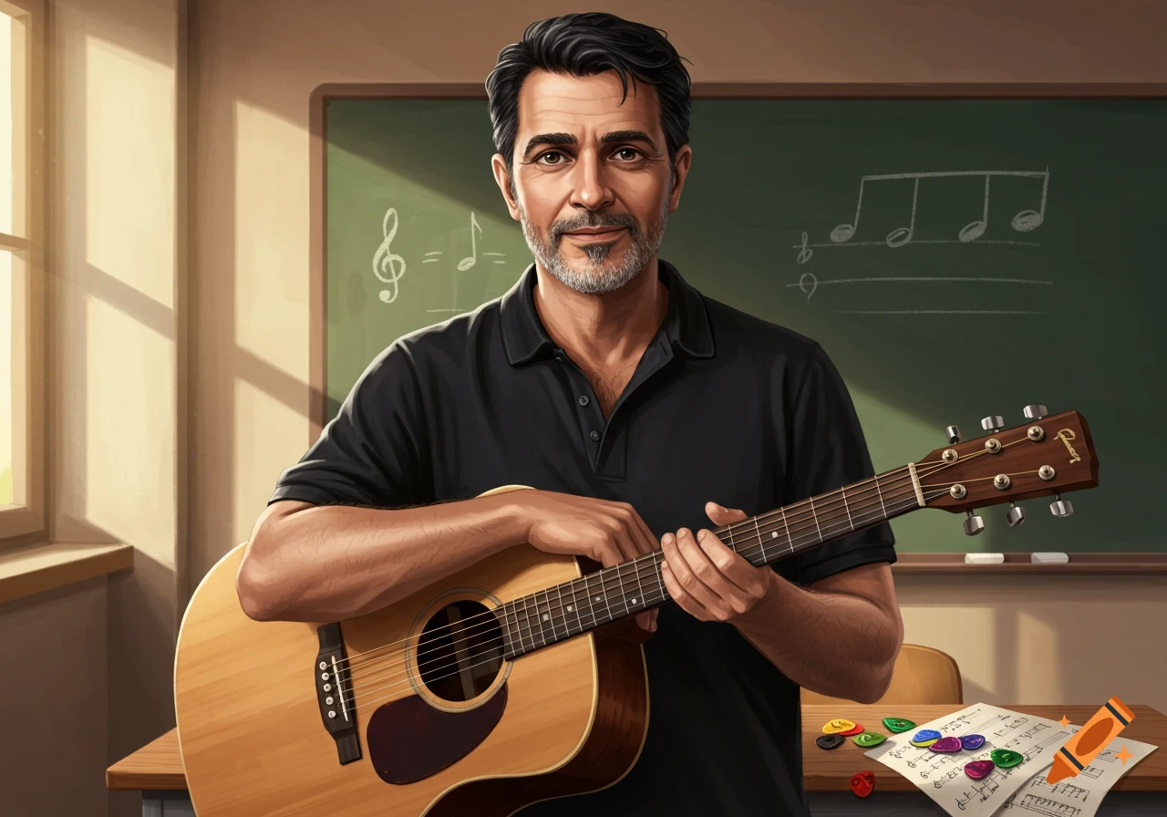A man with short dark hair and stubble, wearing a black polo shirt, holds an acoustic guitar in a classroom with music notes on the chalkboard.