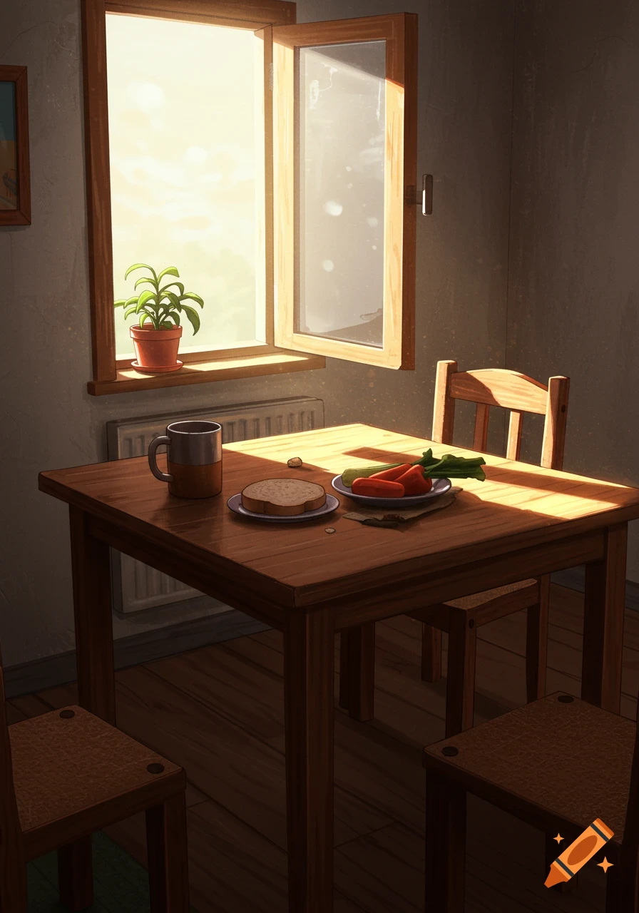 Sunlit cozy room illustration with an open window, potted plant, wooden table set with a mug, bread, and fresh vegetables.