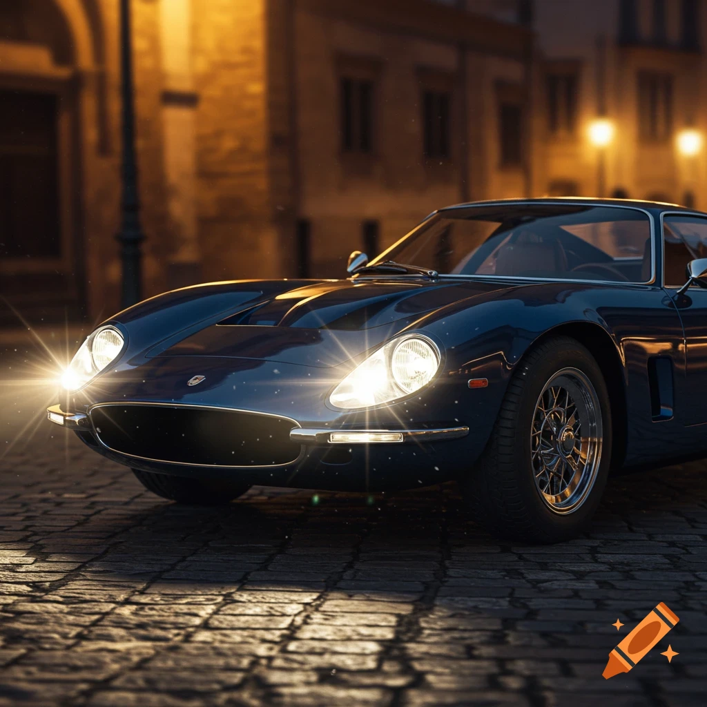 Dark blue classic supercar with bright headlights on a cobblestone street at night, warm streetlights in background. Photorealistic.
