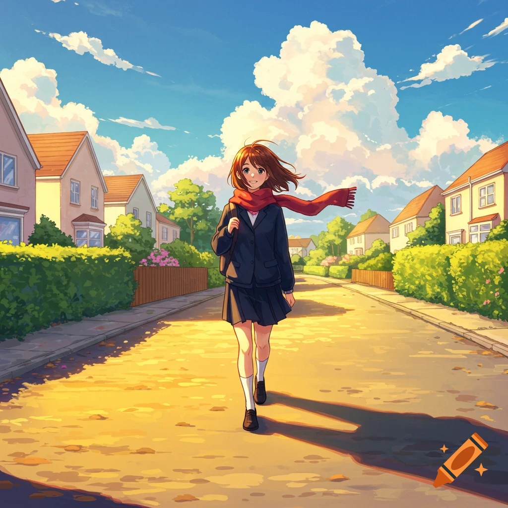 Anime schoolgirl in uniform with a red scarf walks on a sunlit suburban street, houses and green hedges under a blue sky.