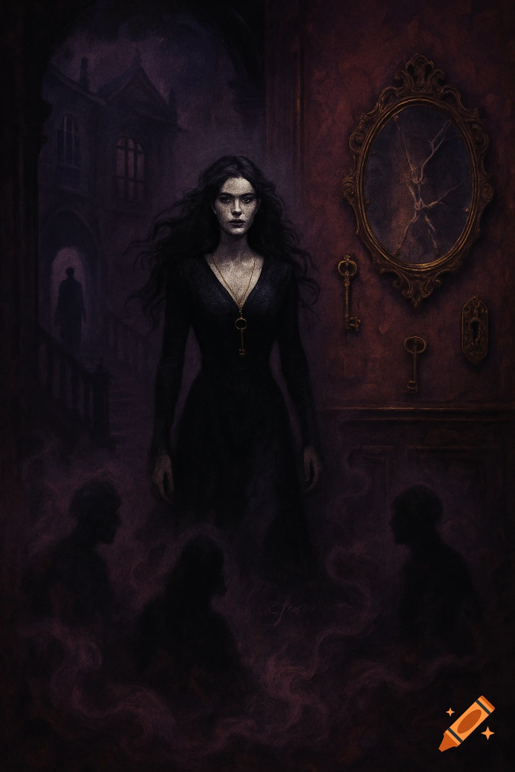 A mysterious woman in a dark dress stands in a dimly lit gothic mansion with shadowy figures, a cracked mirror, and keys.