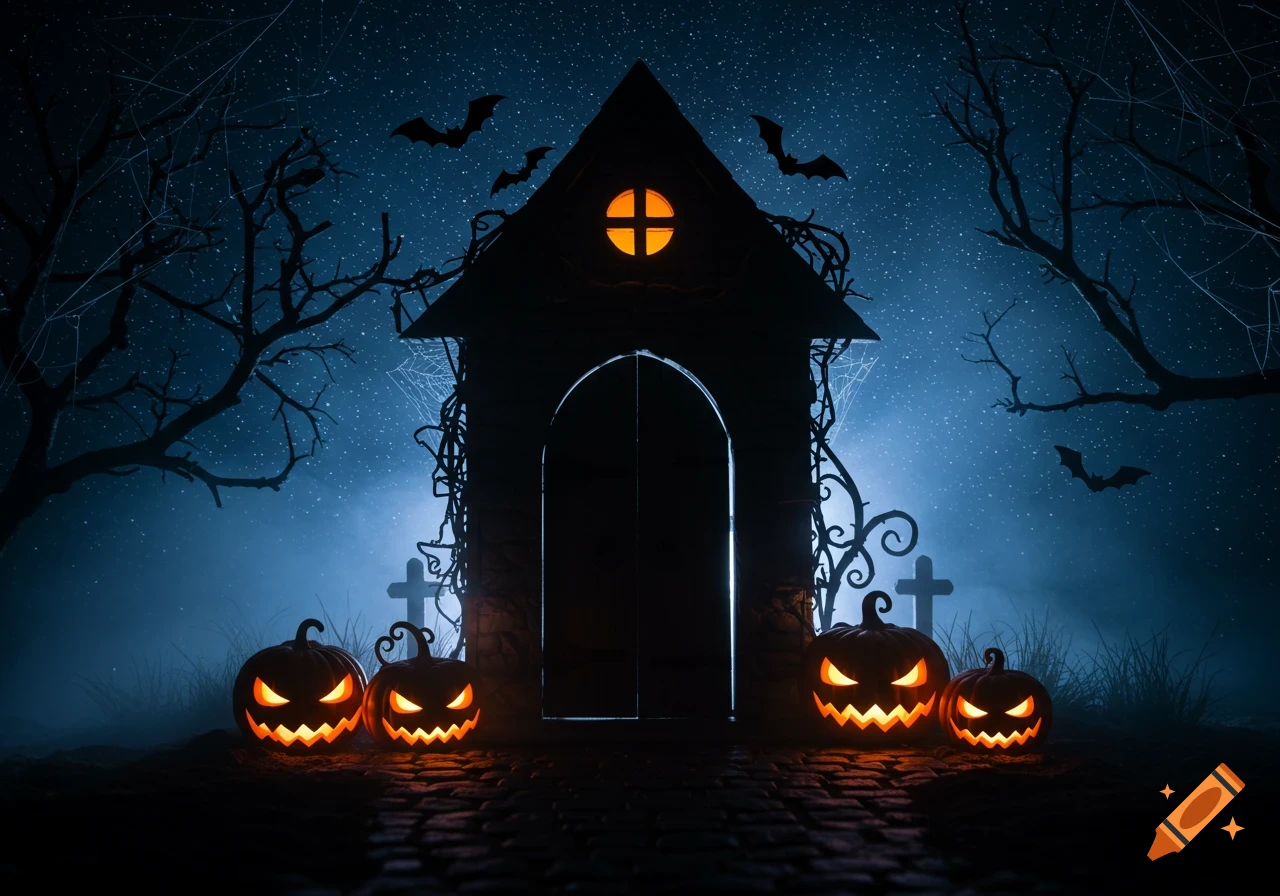 A silhouetted haunted house with a glowing window and open door, flanked by four glowing jack-o'-lanterns, against a dark, starry blue night sky with bats flying, and spooky trees.