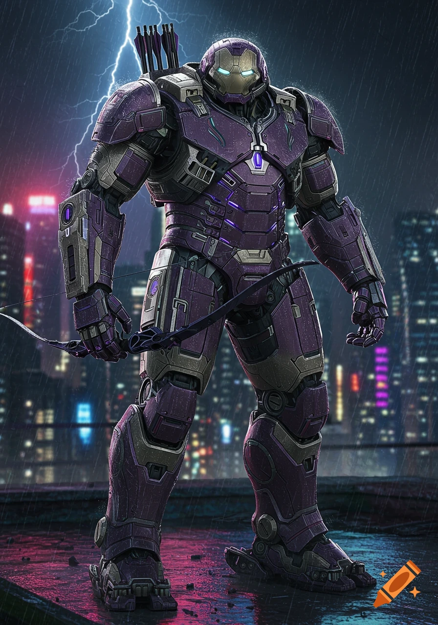 Purple and grey armored figure with a bow and quiver on a rainy city rooftop under lightning.