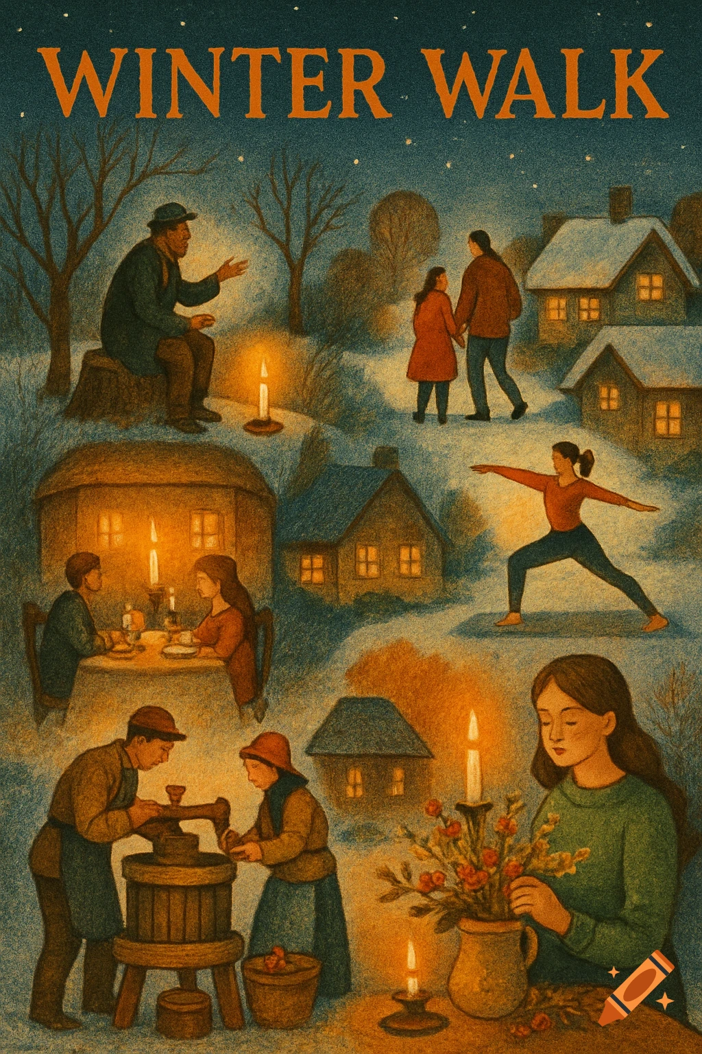 A folklore-style illustration titled 'WINTER WALK' depicting diverse cozy winter village scenes including people, candles, yoga, and activities.