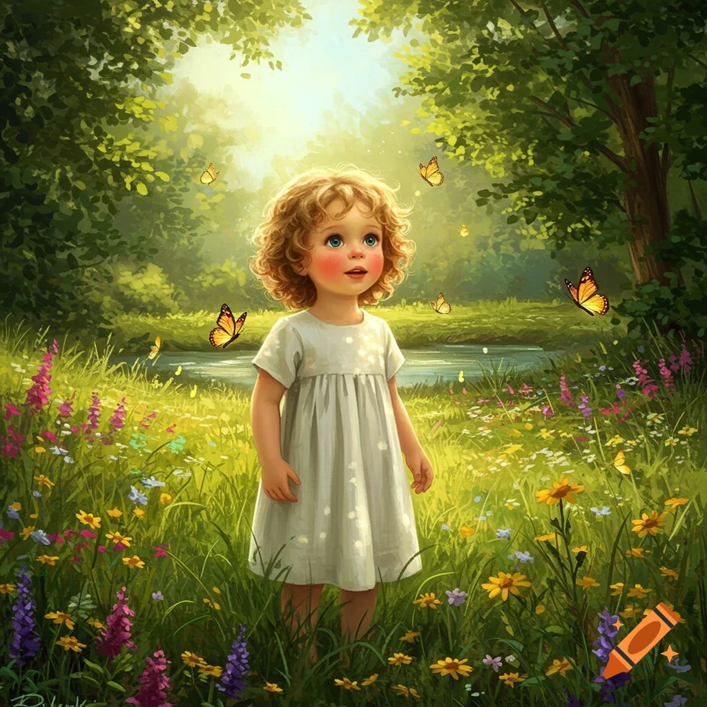 A young child with curly hair and blue eyes stands in a lush, sunlit garden filled with colorful flowers and butterflies, in an illustrative style.
