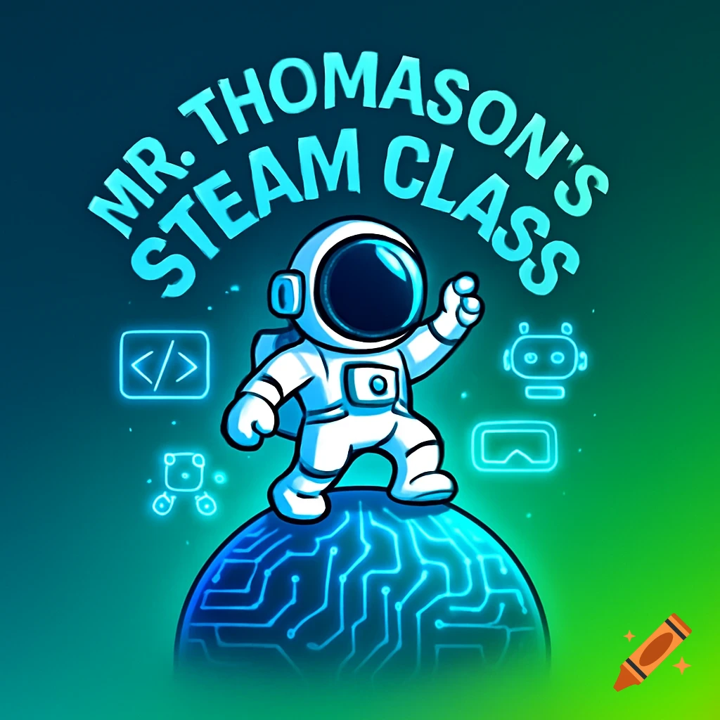 Cartoon astronaut on a glowing circuit board planet, with 'MR. THOMASON'S STEAM CLASS' text and tech icons.