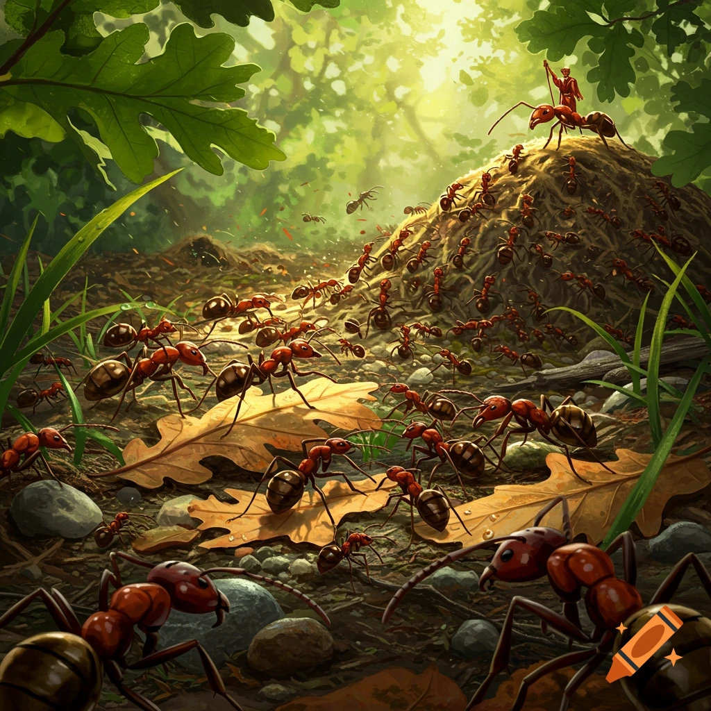 A vast colony of red and black ants swarming around a large ant hill in a lush forest, with one ant standing prominently on top.
