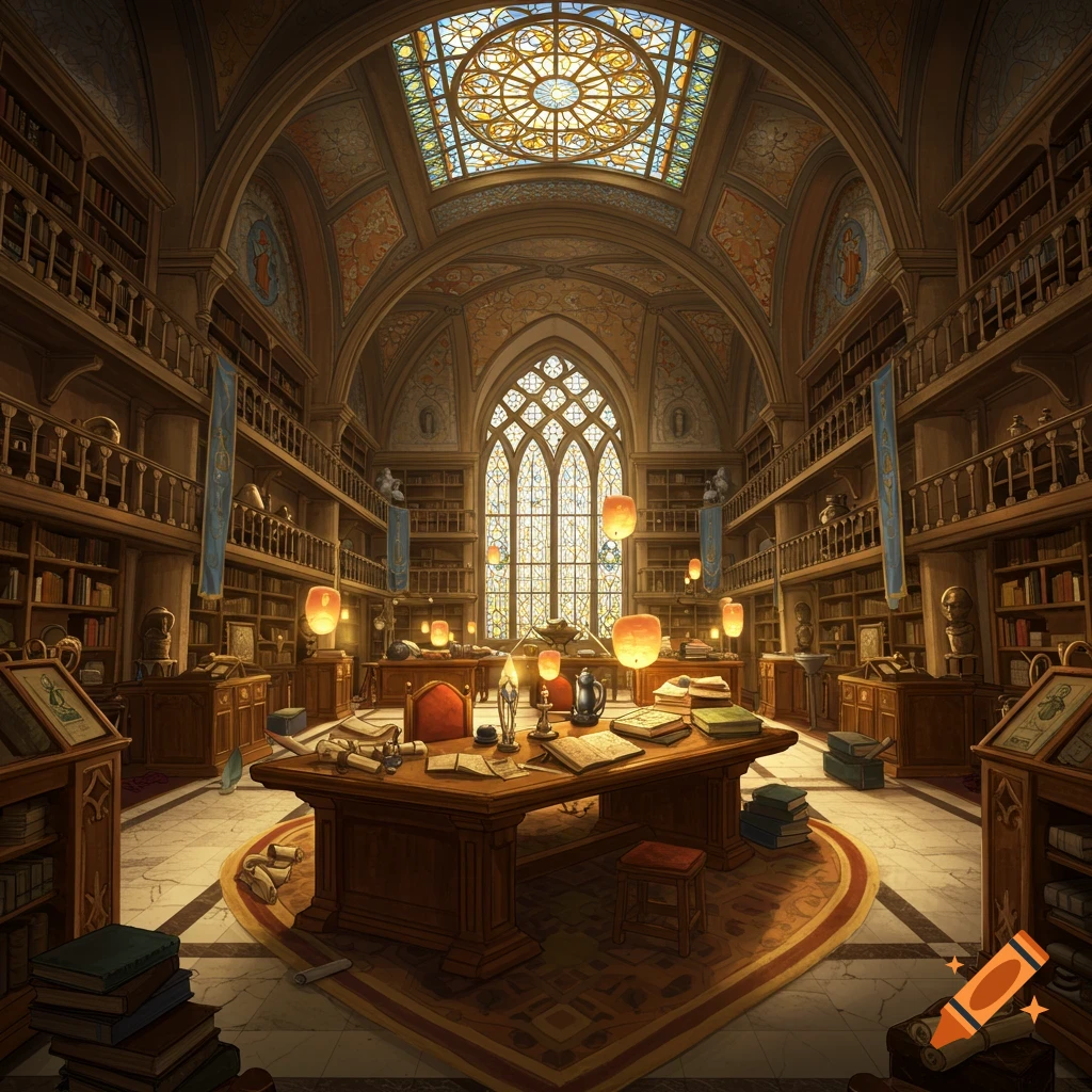 Grand, ornate fantasy library with high arched ceilings, a stained glass skylight, and glowing lanterns over a large central desk.