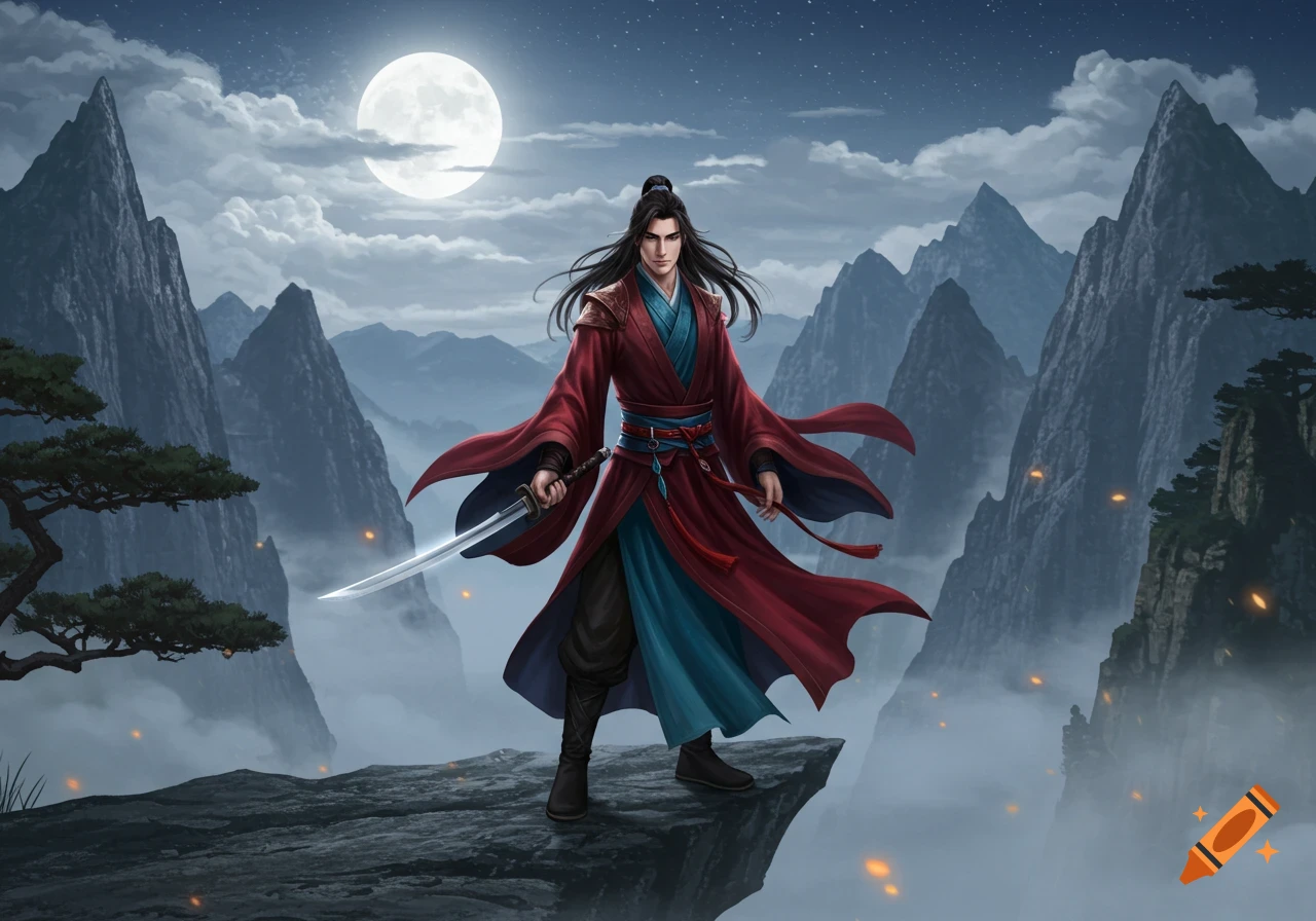 A man in flowing red Wuxia robes stands on a mountain cliff, holding a sword under a full moon in a fantasy illustration.