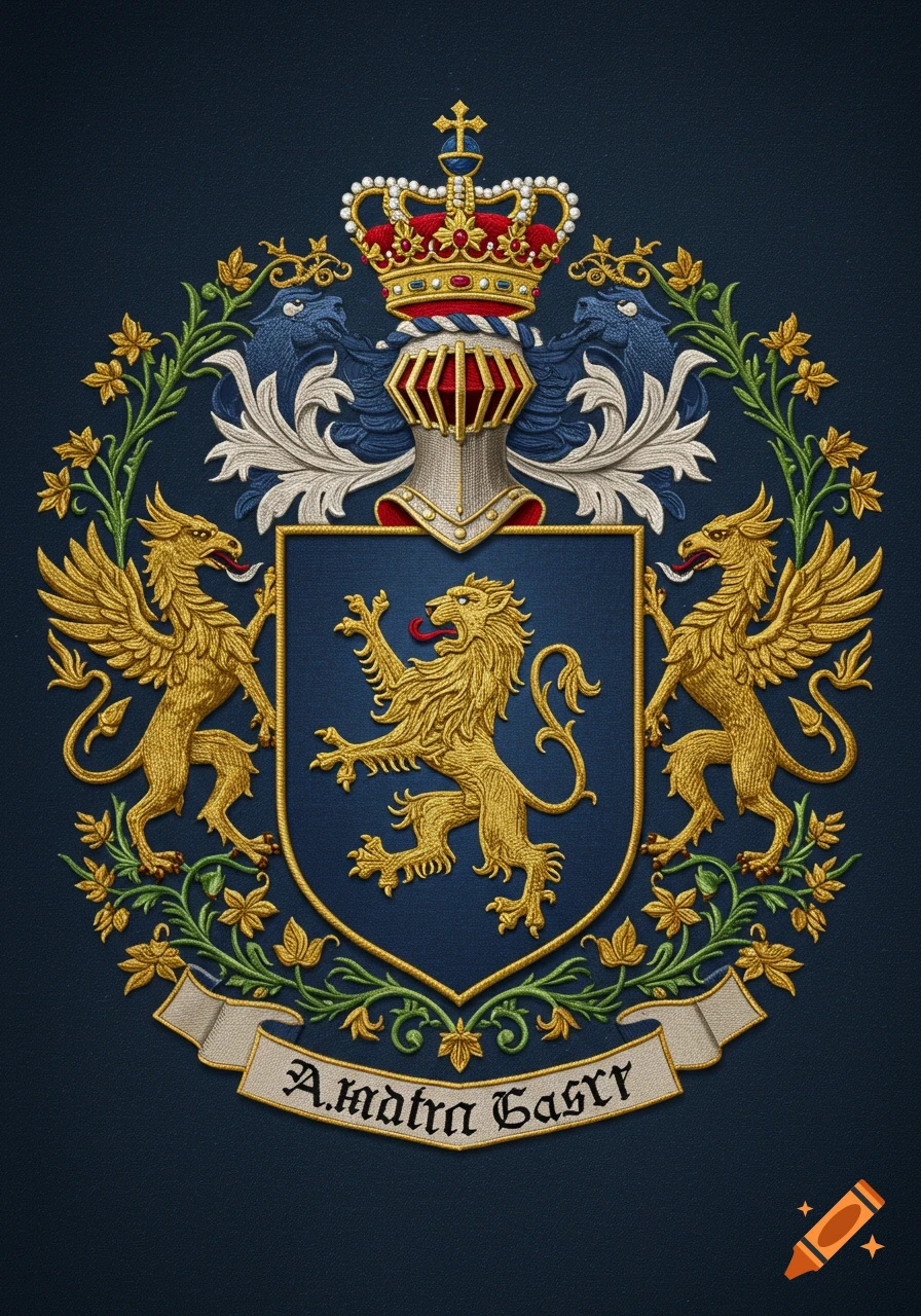 Ornate embroidered coat of arms with a golden lion, two griffins, a crown, floral wreaths, and a banner.