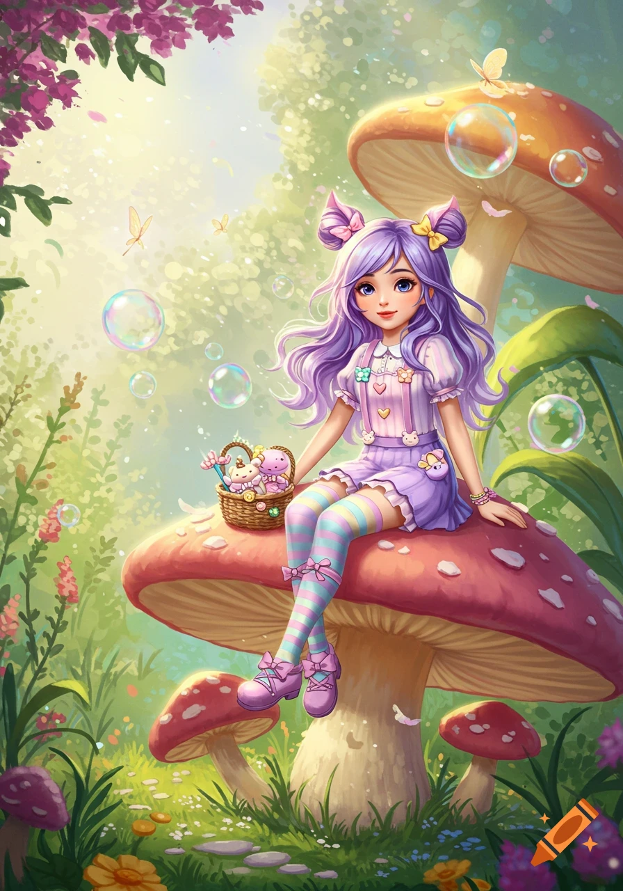 A cute anime girl with purple hair and a pastel dress sits on a large red mushroom in a whimsical forest, surrounded by bubbles and butterflies.
