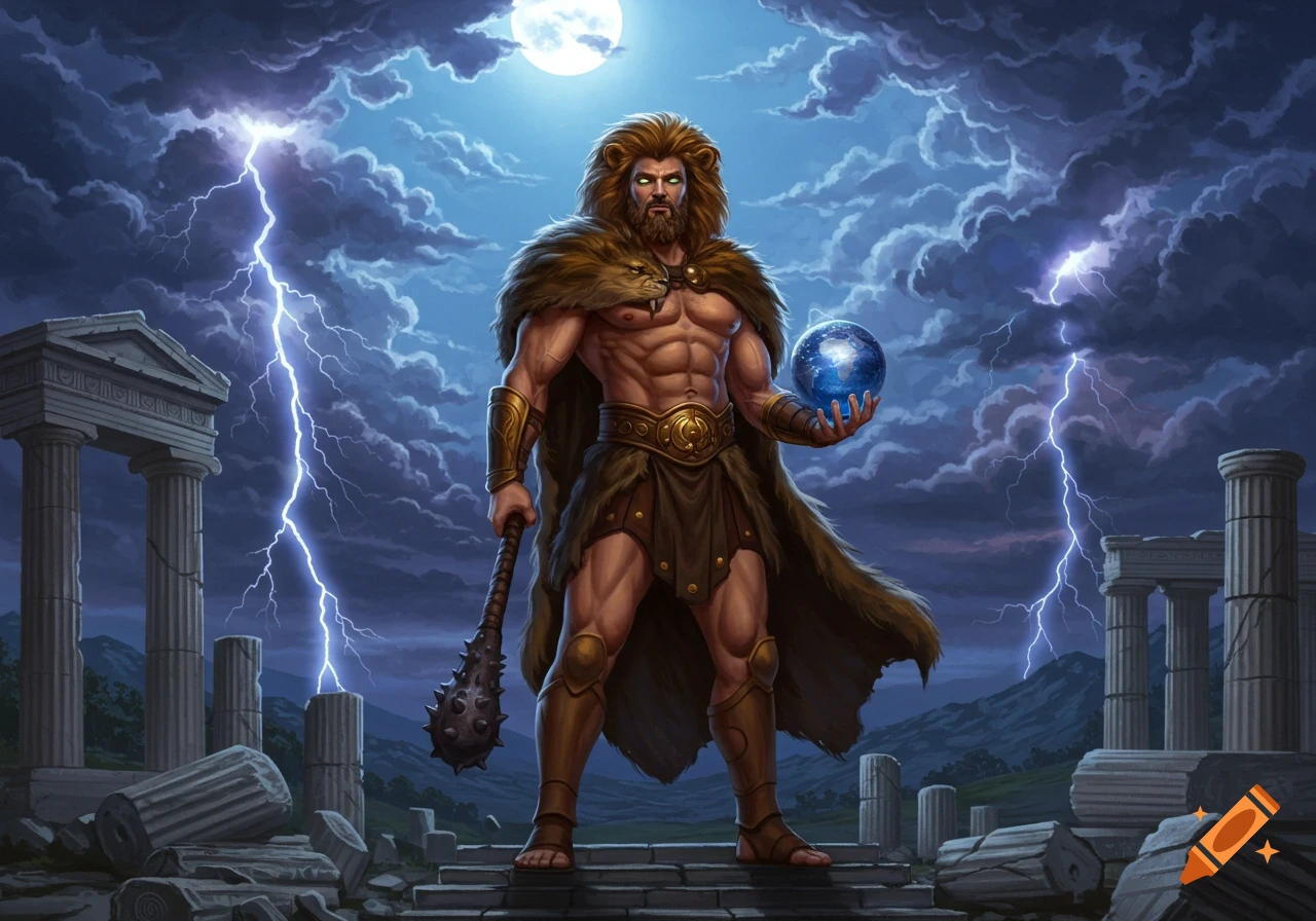 Muscular Hercules in a lion pelt, holding a club and a glowing globe, stands on ancient ruins under a stormy, moonlit sky with lightning.