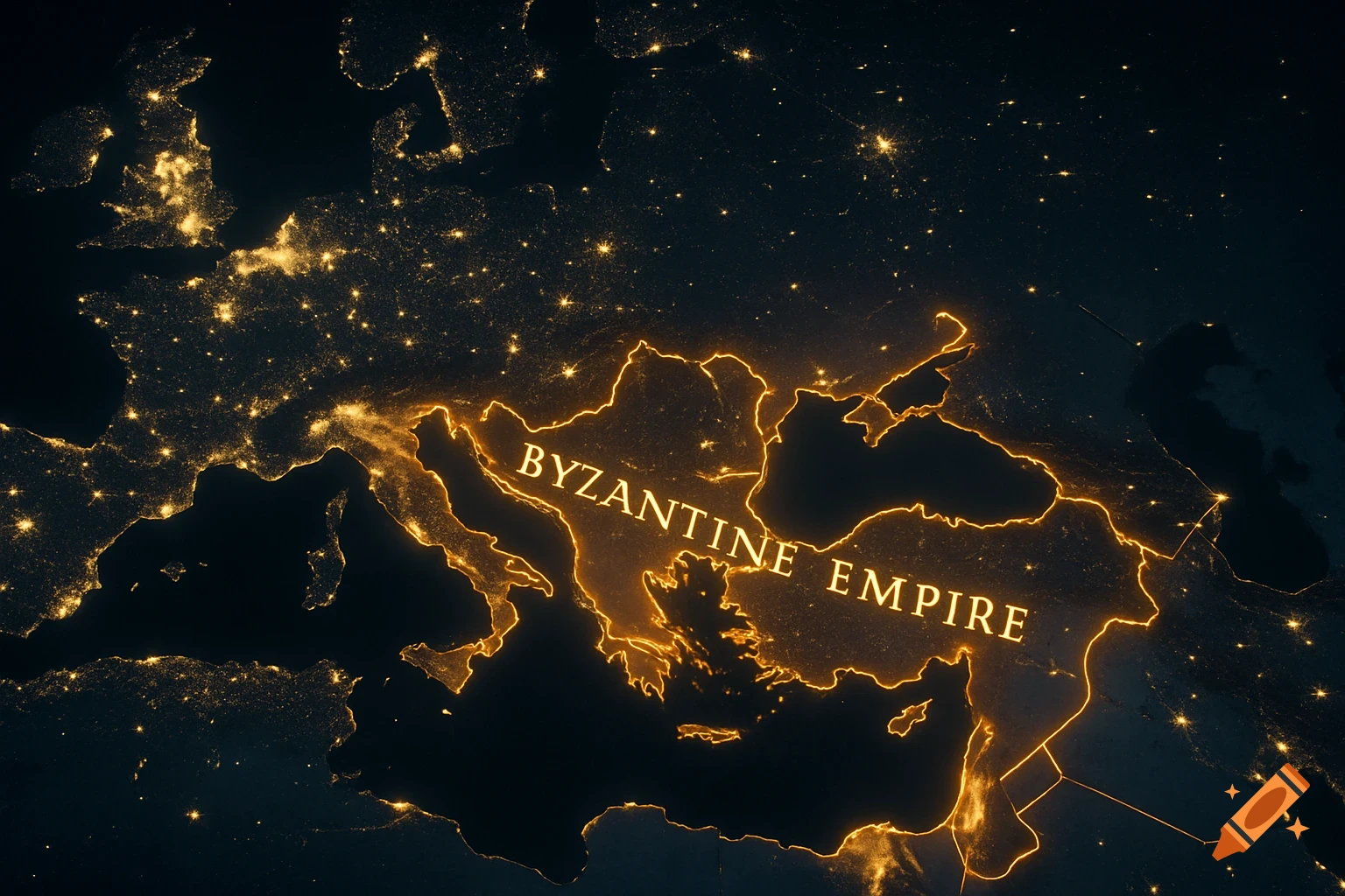 Nighttime satellite map of Europe with the Byzantine Empire highlighted in glowing gold and labeled.