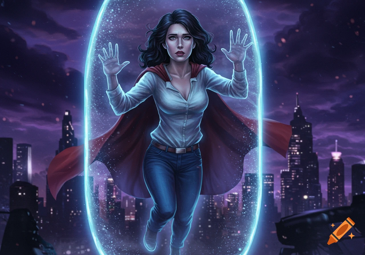 A woman in a white shirt, jeans, and red cape, trapped inside a glowing blue energy shield above a city skyline at night, digital art.