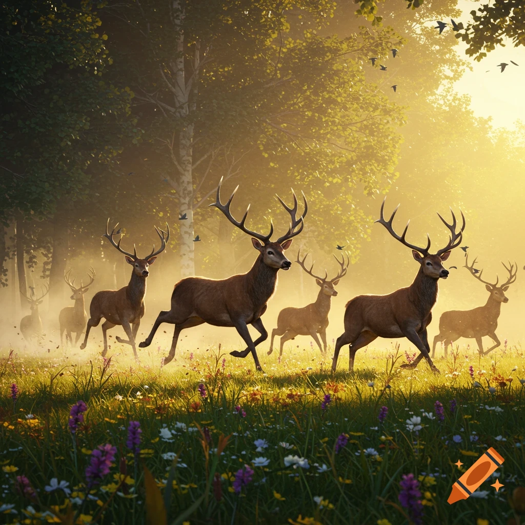 A herd of majestic deer with large antlers runs through a sunlit forest clearing filled with wildflowers, in a photorealistic style.