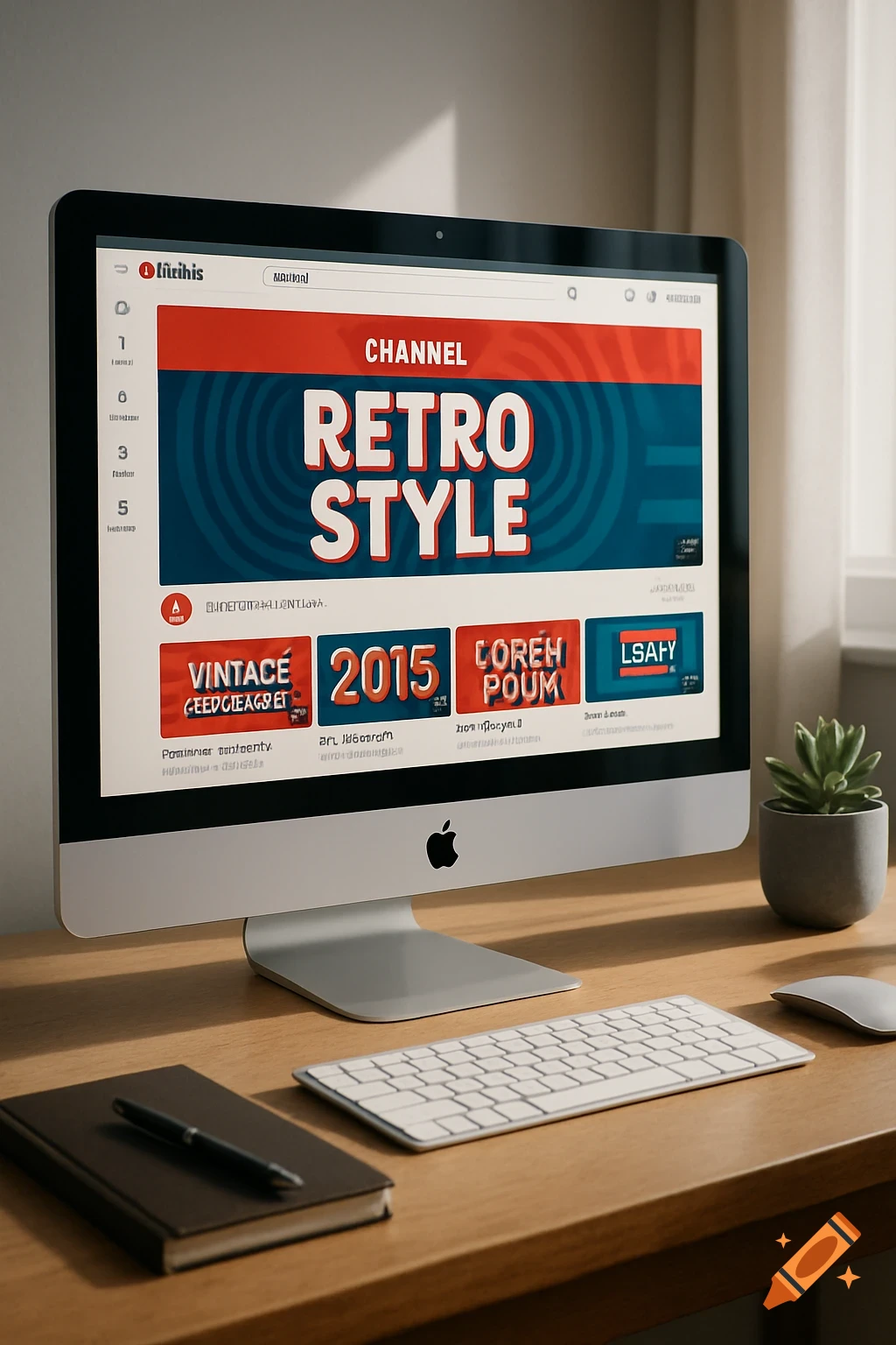 A photorealistic iMac on a wooden desk displaying a YouTube-like channel page with "RETRO STYLE" banner, alongside a keyboard, mouse, notebook, and plant.