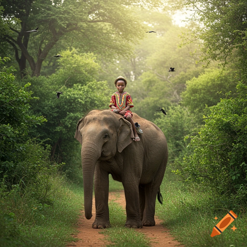A young African child in traditional attire rides an elephant down a dirt path in a sun-dappled tropical forest, with birds flying overhead.