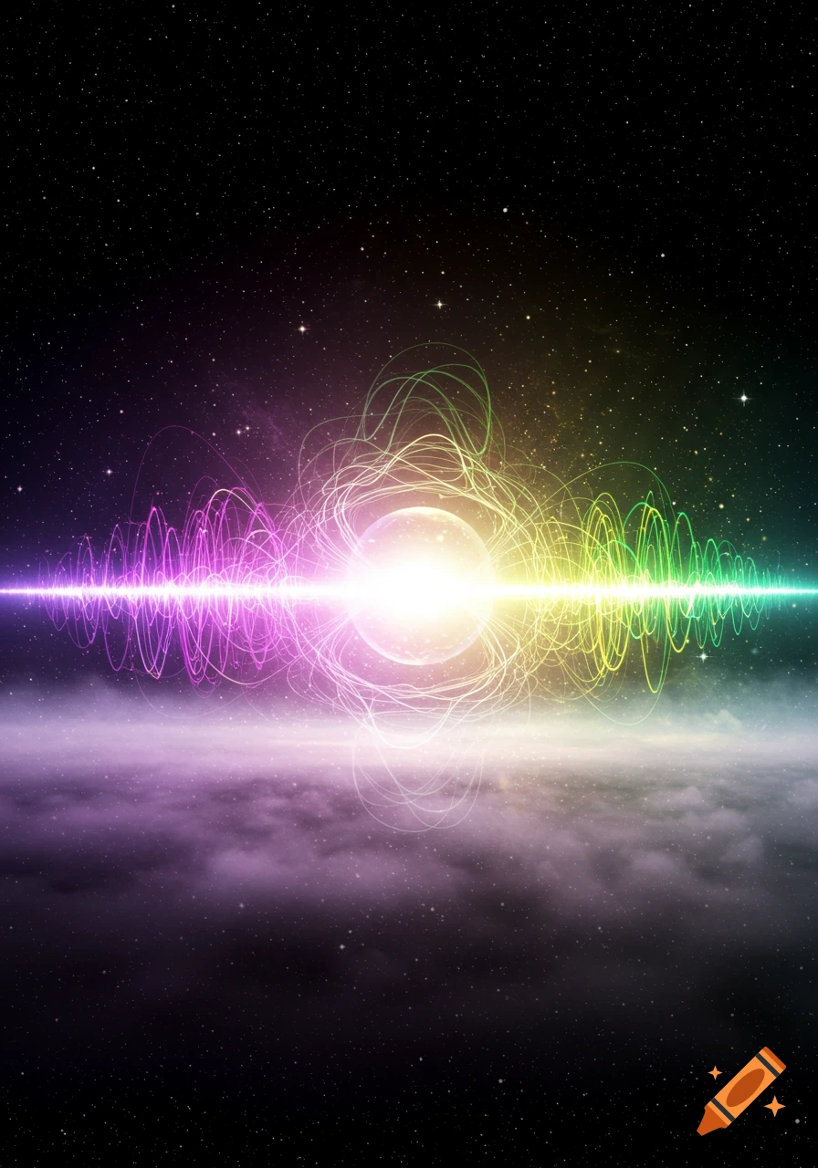 Bright, glowing orb emitting vibrant, colorful energy waves across a starry space background with a misty purple horizon.