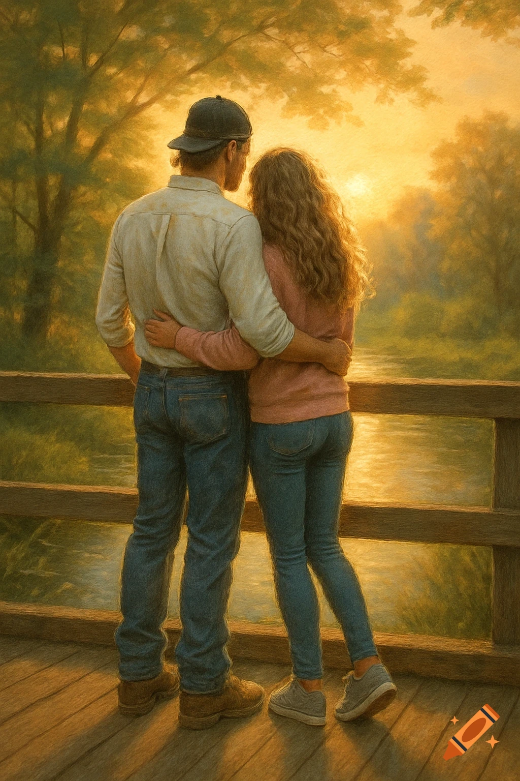 A man in a cap and a woman with curly hair embrace on a wooden bridge, watching a golden sunset over a river, in a painterly style.