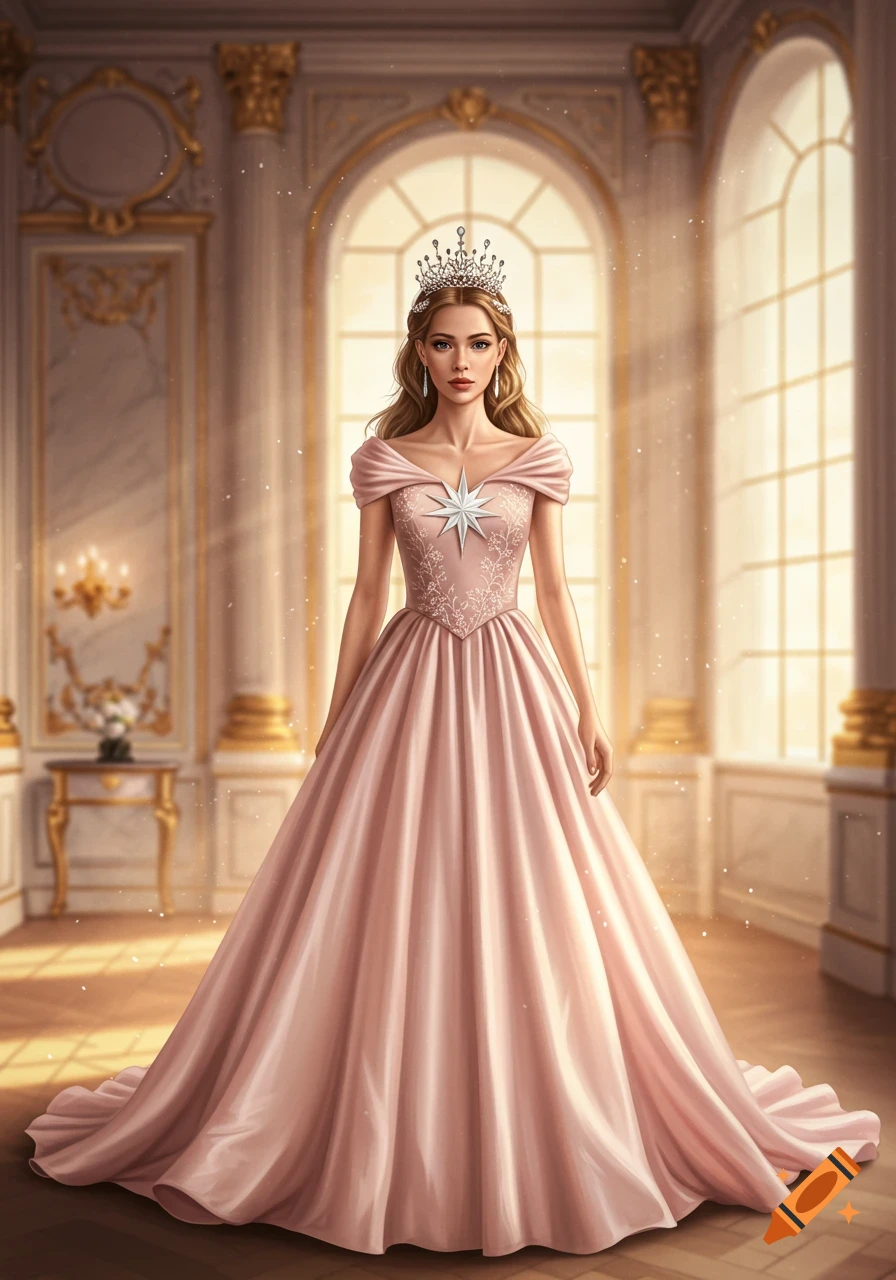 A beautiful woman in a regal pink gown with a white star emblem and a delicate tiara stands in a grand ballroom.