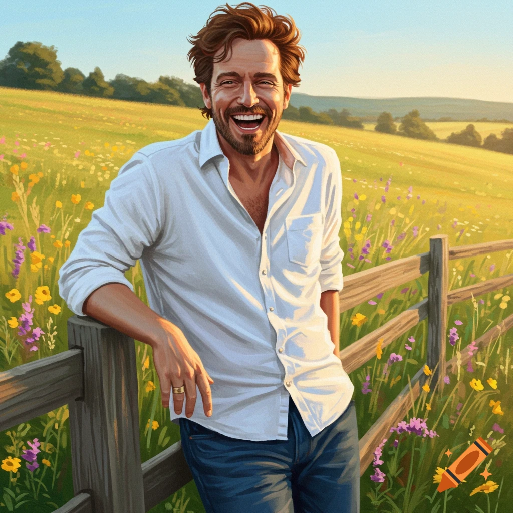 A smiling man with a beard and curly hair, wearing a white shirt and jeans, leans on a wooden fence in a sunny wildflower field.