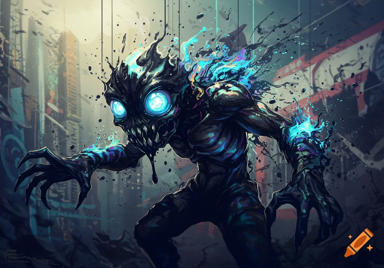 A dark, ink-like monster with glowing blue eyes and tendrils, emerging in a shadowy city street, digital art.