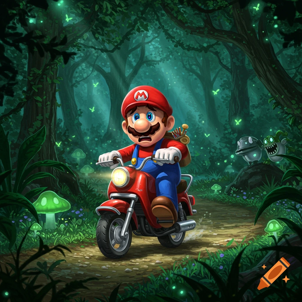 Super Mario rides a red scooter through a dark, glowing fantasy forest, looking scared as mysterious creatures watch.