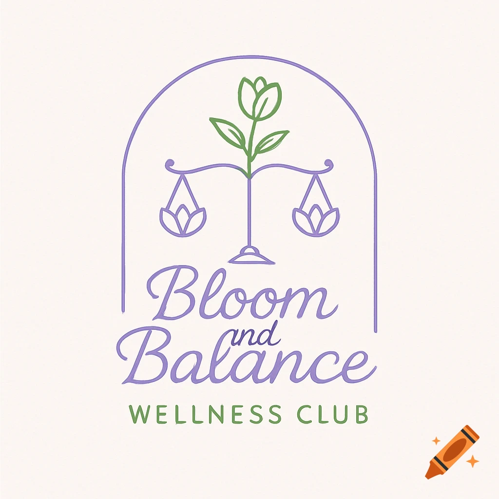 Logo for Bloom and Balance Wellness Club, featuring a green plant and purple lotus flowers on a scale, within a purple arch.