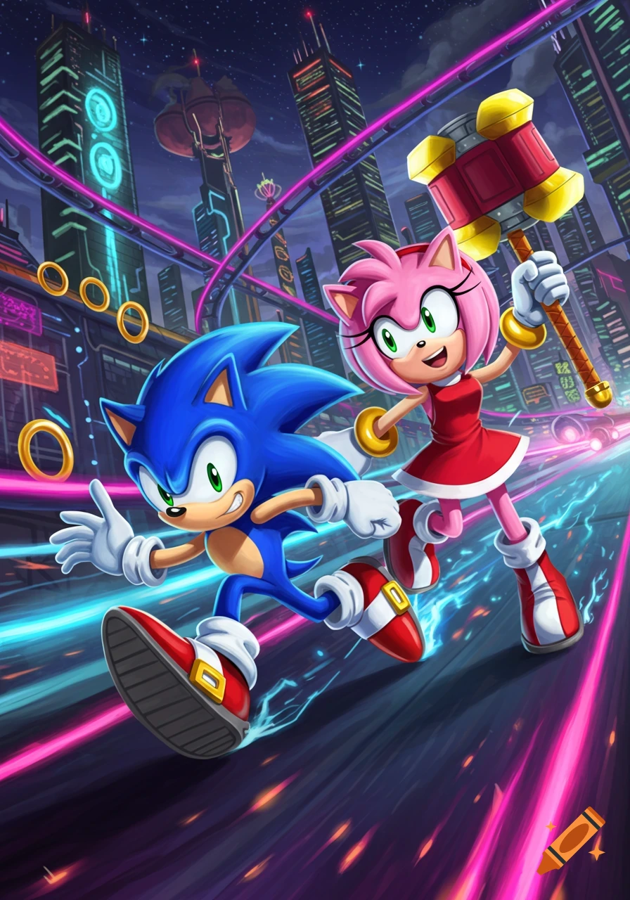 Sonic and Amy Rose run through a vibrant, neon-lit futuristic city at night, Amy holding her hammer.