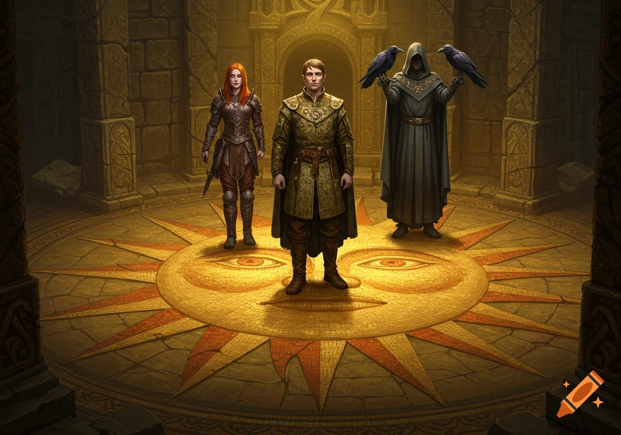 Three fantasy characters stand on a large sun mosaic in an ancient stone chamber. A woman in armor, a man in a tunic, and a cloaked figure holding two ravens.