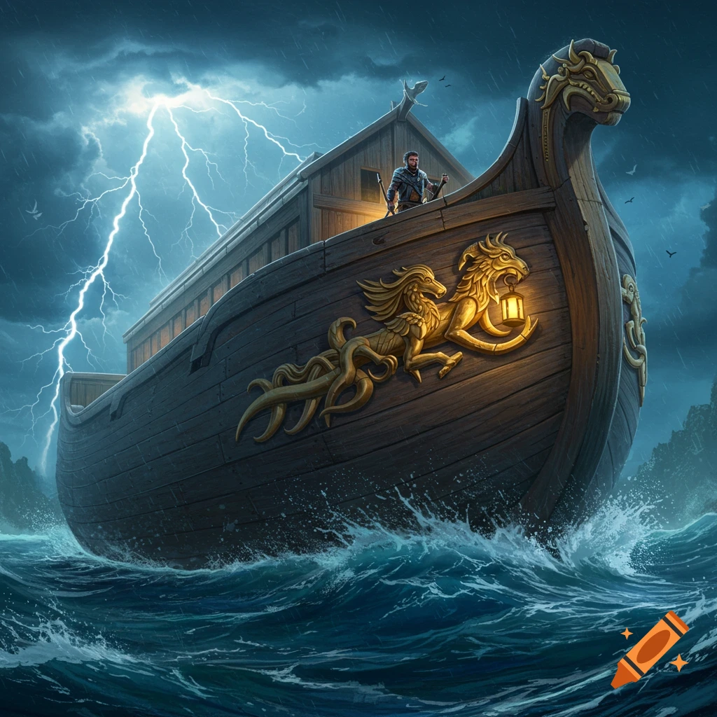 A dramatic illustration of a large wooden ark-like boat with ornate carvings, sailing stormy seas under a lightning-filled sky.