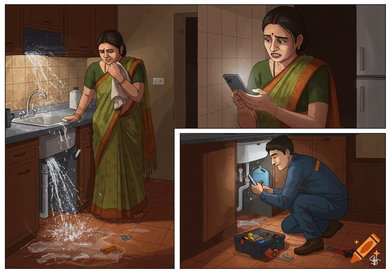 An illustration of an Indian woman distressed by a leaking kitchen sink, then relieved as a plumber fixes the pipe.
