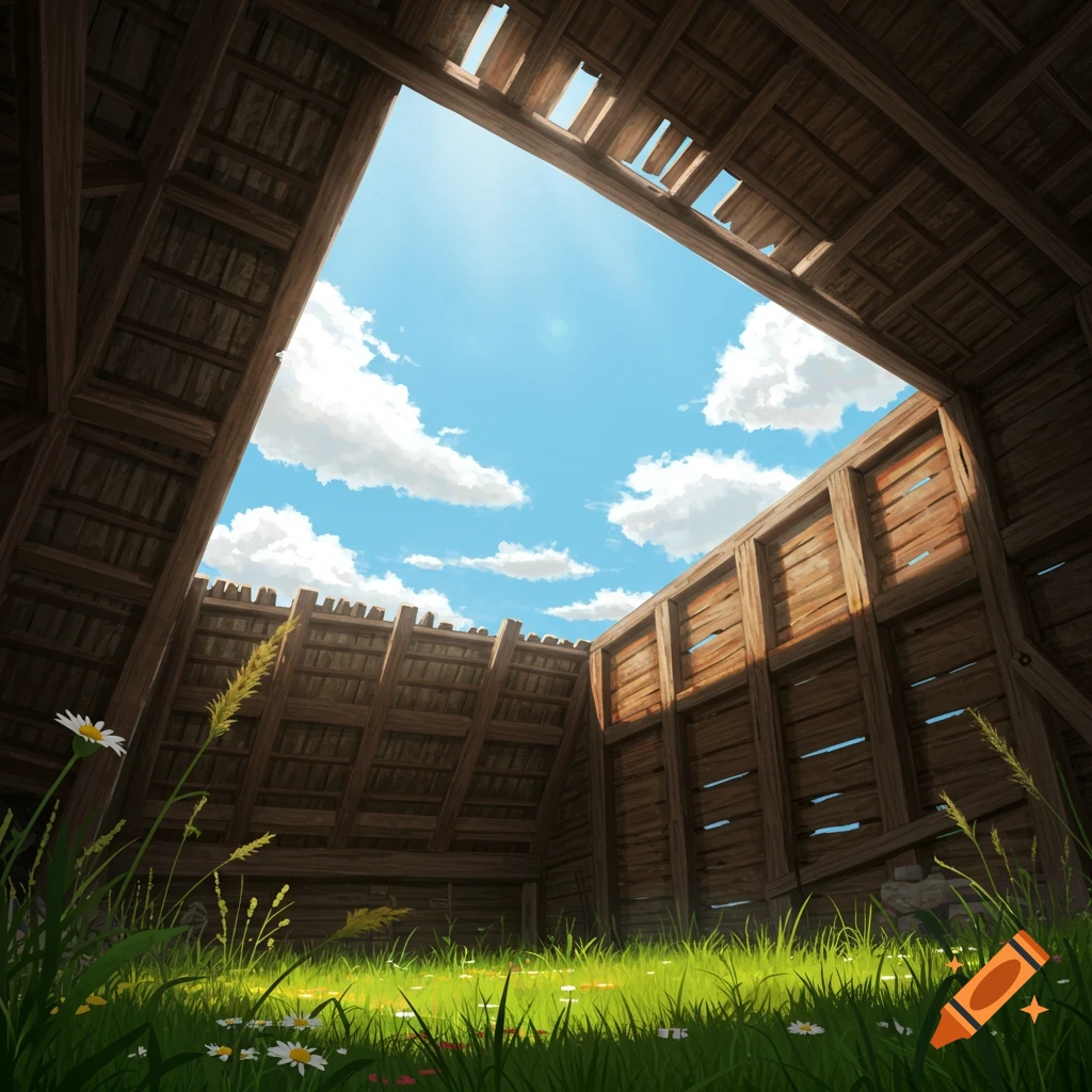 View from inside a dilapidated wooden barn, showing a grassy floor with wildflowers and the open sky through the roof.