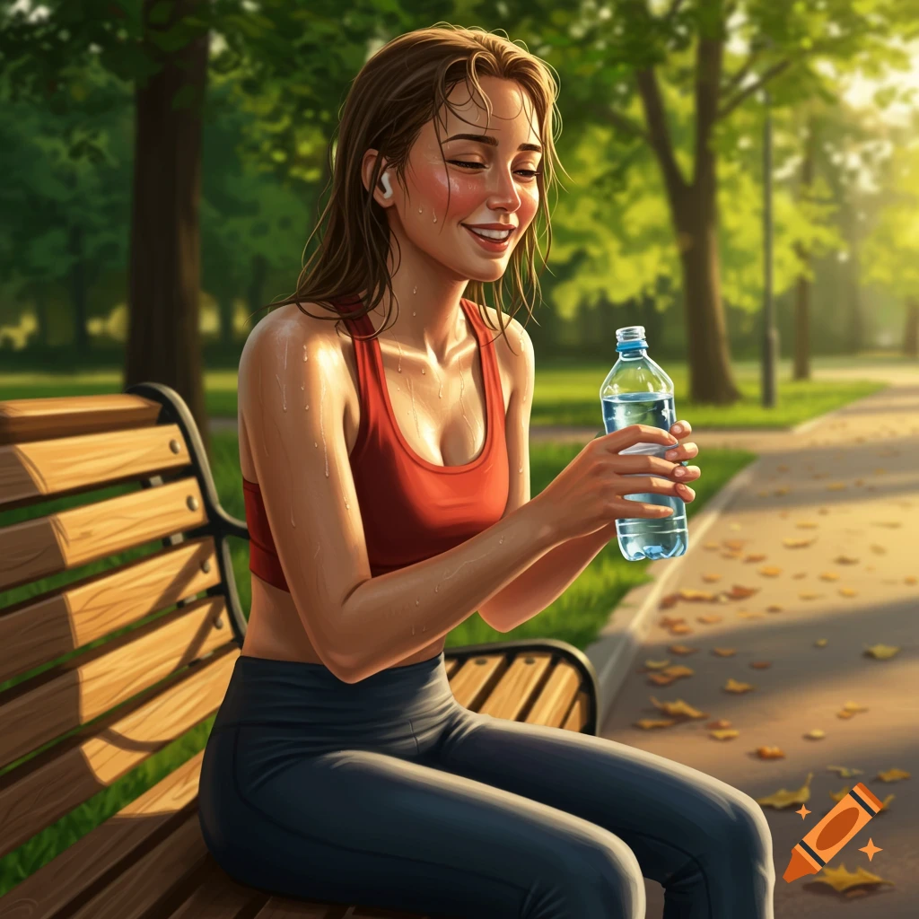 Sweaty young woman in a sports bra smiles, holding a water bottle on a sunny park bench, digital art.