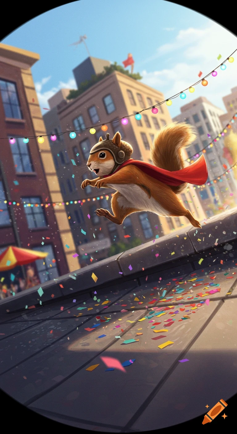 Cartoon superhero squirrel in a red cape and acorn helmet runs on a confetti-covered city rooftop with string lights.