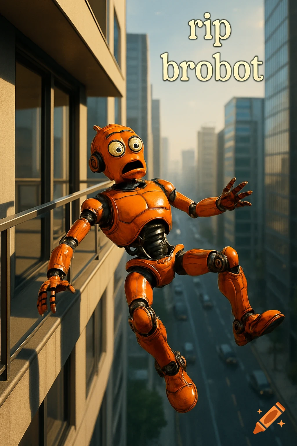 An orange cartoon robot with a surprised expression falling from a city building, with the text 'rip brobot'.
