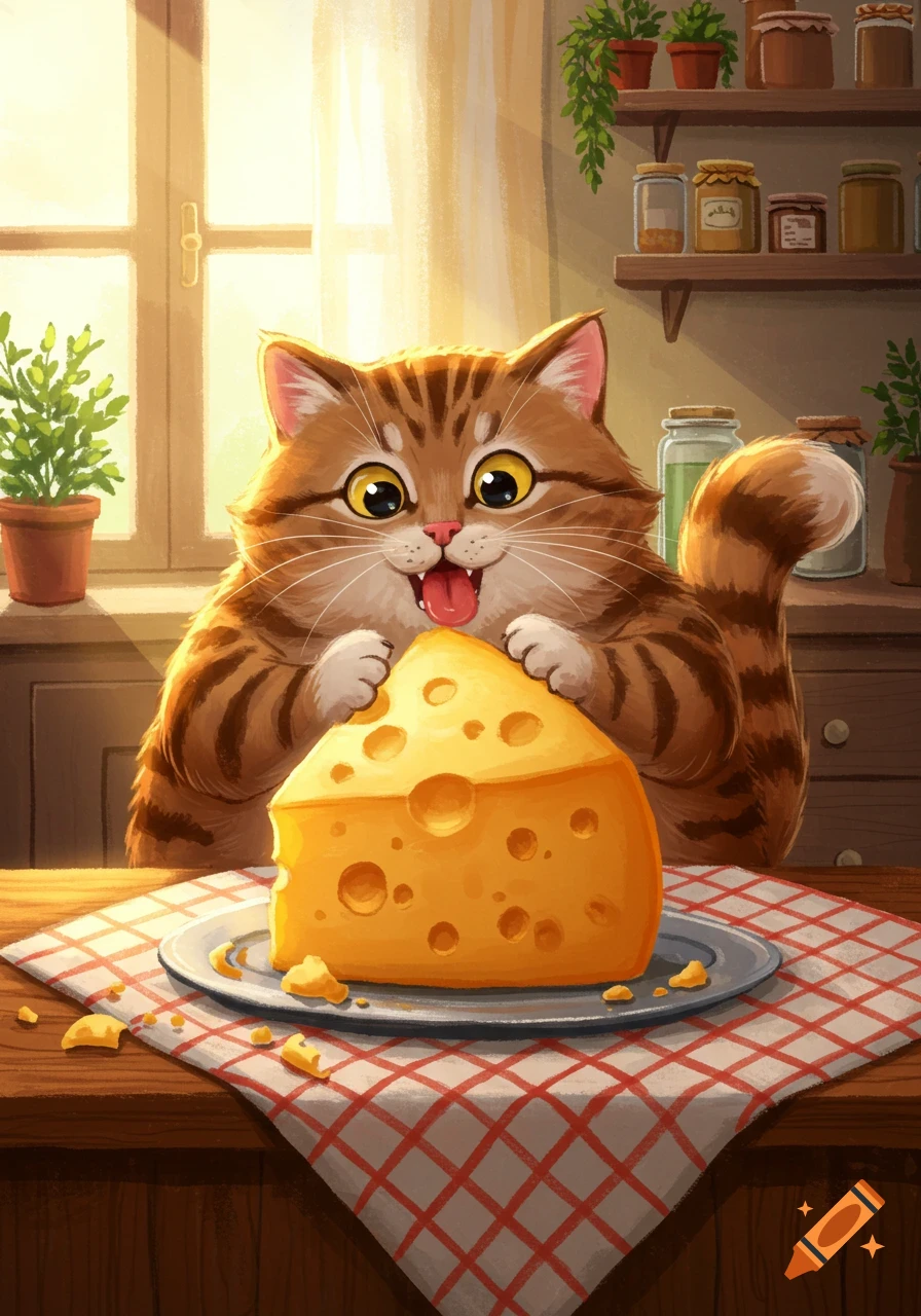 Chubby cartoon striped cat with wide eyes and tongue out, excited about a big wedge of cheese on a plate in a sunny kitchen.