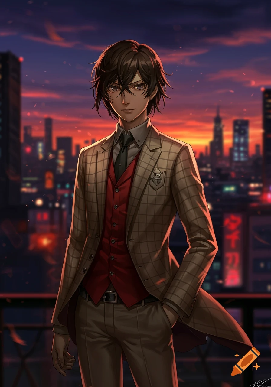 Anime character Goro Akechi in a plaid suit and red vest, standing against a sunset city skyline in a digital art style.