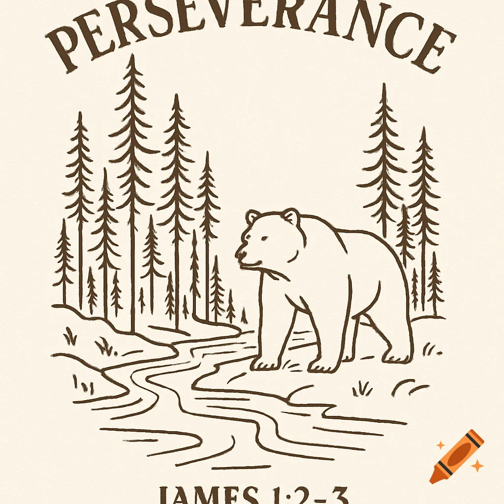 Minimalist line art illustration of a bear by a river in a pine forest, with "PERSEVERANCE" above and "JAMES 1:2-3" below.