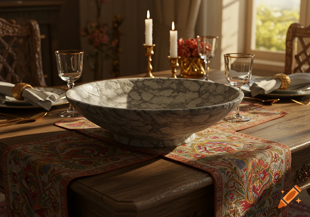 Photorealistic image of a formal dining table with a large marble bowl, patterned runner, candles, and glassware, bathed in sunlight.