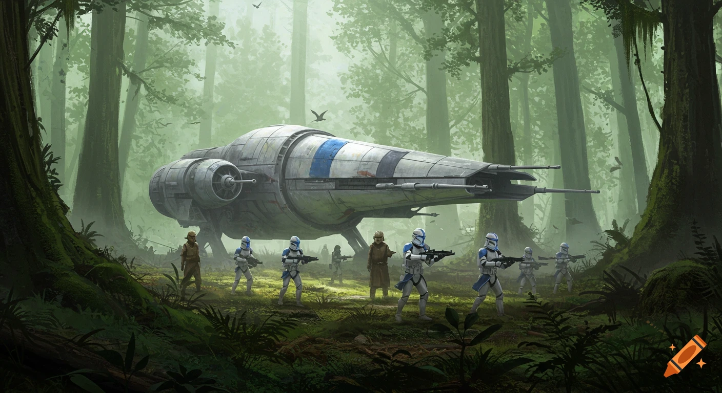 Clone troopers and a civilian figure stand with rifles around a parked spaceship in a dense, misty green forest, in a sci-fi illustration.