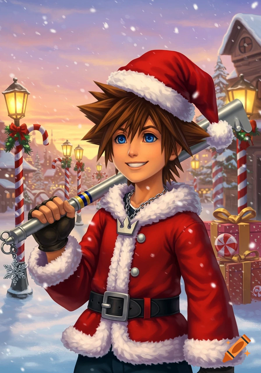 Sora from Kingdom Hearts in a Santa suit, holding a keyblade in a snowy Christmas village. Digital art.