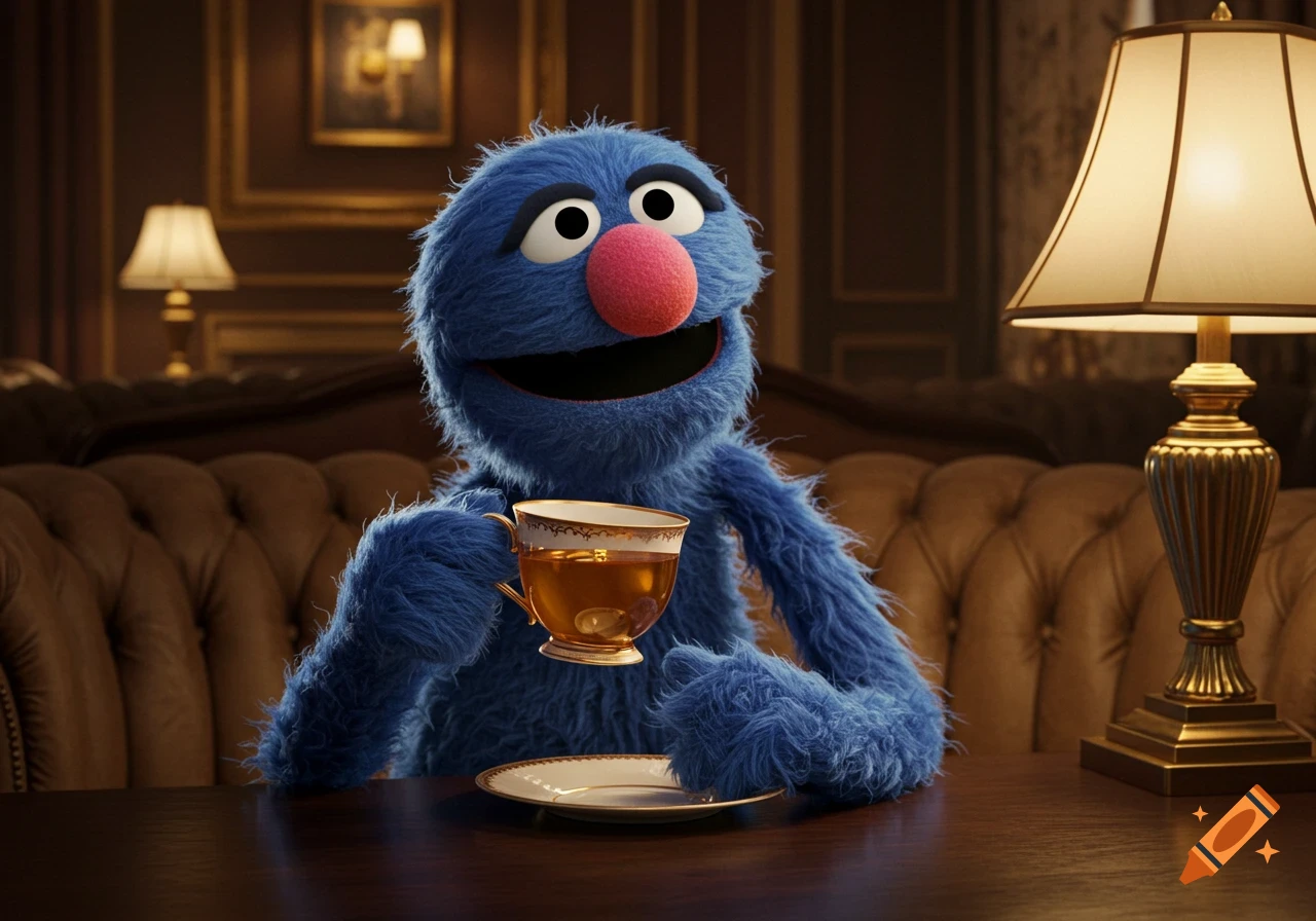 Grover, the blue Muppet, sits at a wooden table in an elegant room, holding a teacup and saucer, smiling warmly.