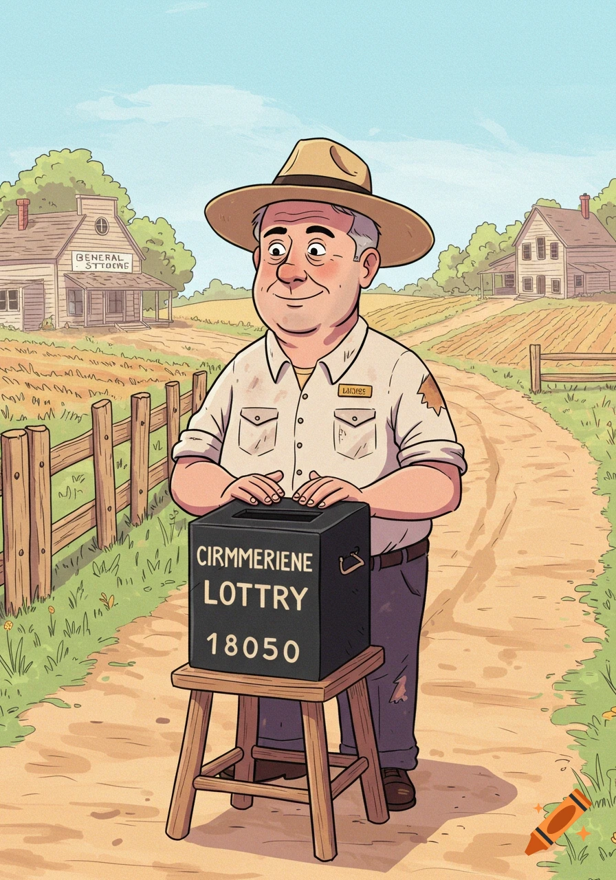 Cartoon drawing of a man in a hat standing with a black lottery box on a dirt road in a rural farming town.