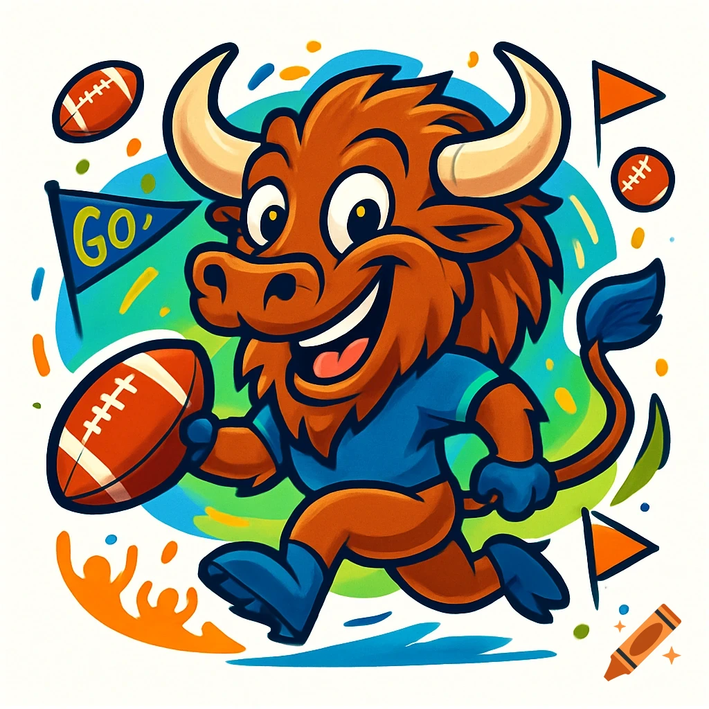 Cartoon buffalo mascot in a blue jersey running with a football, with a 'GO' flag and confetti on a vibrant background.