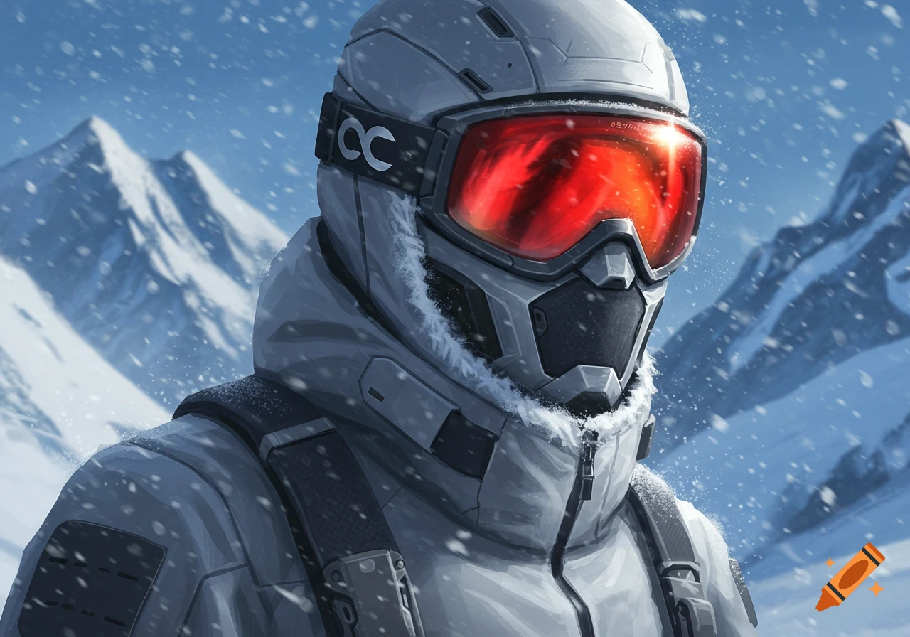 A close-up digital art image of a person in gray futuristic tactical winter gear and glowing red goggles, with snowy mountains in the background.